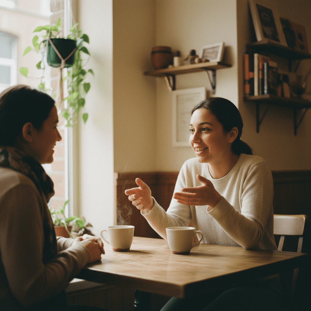 Two people having a meaningful conversation in a supportive home environment