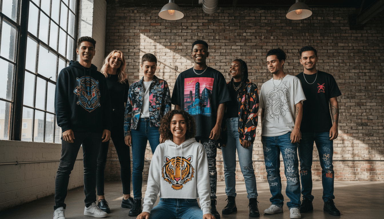 Diverse group of young adults wearing custom graphic streetwear in modern urban studio with industrial lighting