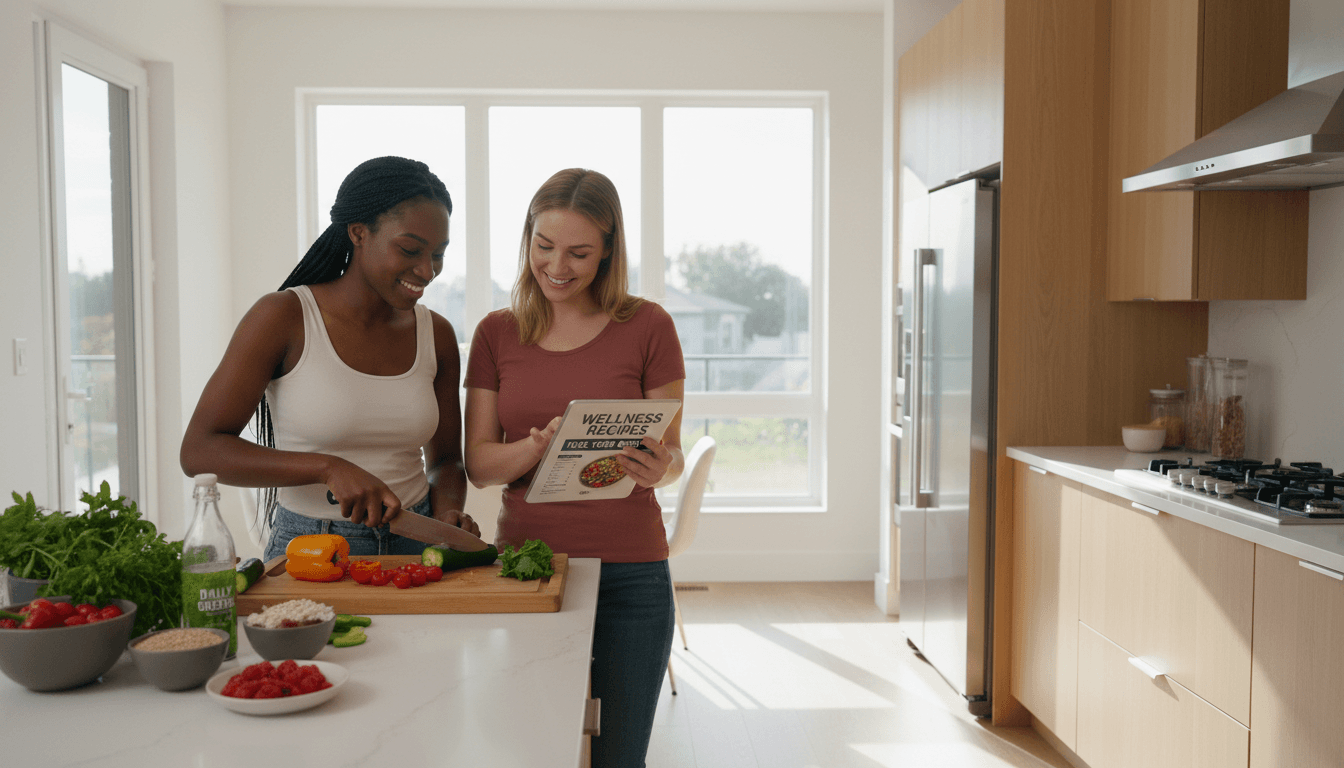 Two diverse women preparing fresh vegetables in bright modern kitchen while reviewing nutrition information on tablet